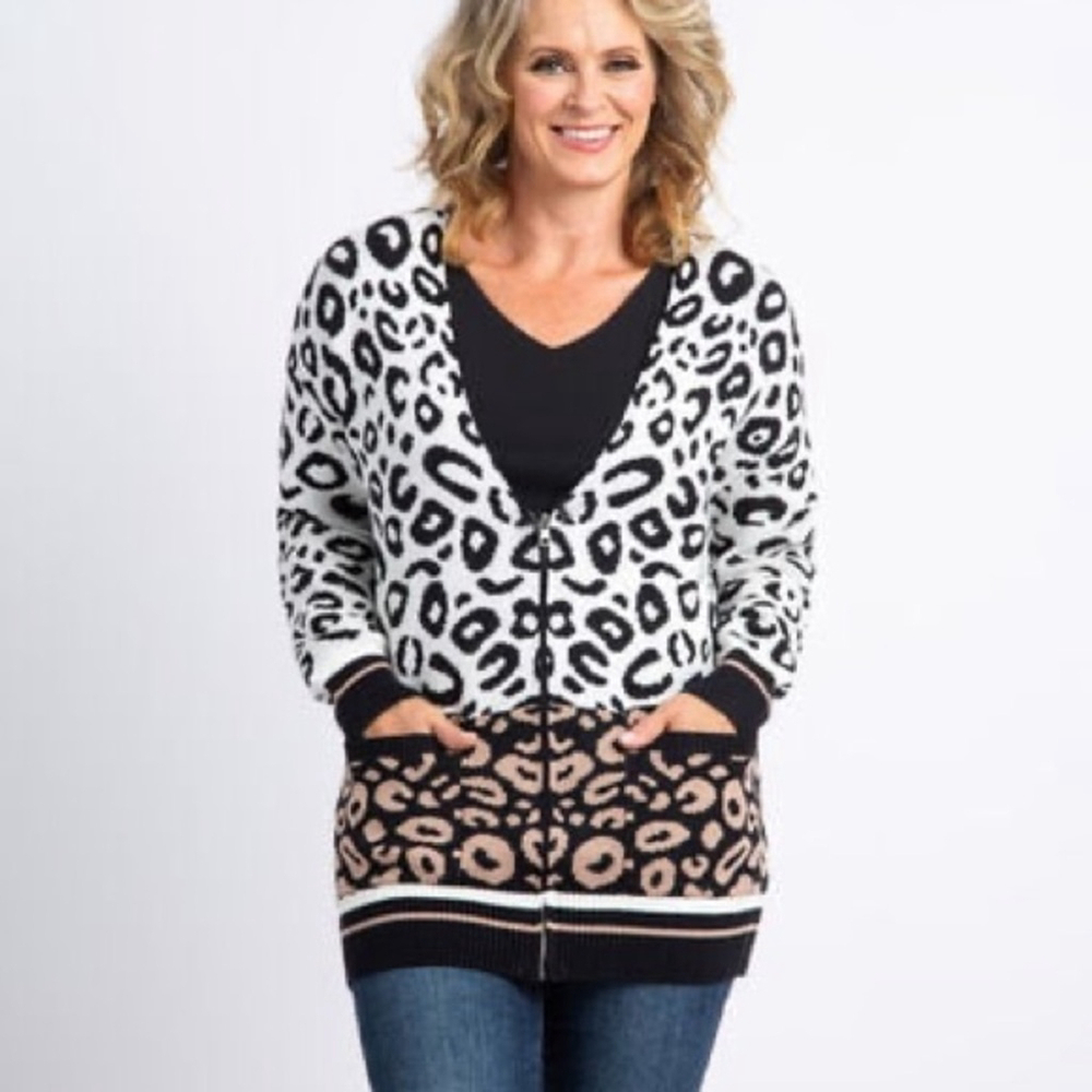 FUNSPORT Black and White Cardigan with Animal Print NWT size L